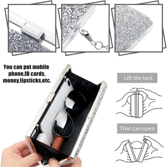 Kigeli 4 Pieces Women Rhinestone Evening Clutch Bag Bling Earring Necklace - Picture 3 of 7